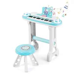 Gyermek zongora tartozékokkal, 47 x 20 x 60 cm, kék, 8 ritmust, 8 hangszerhangot, 4 ütőt és demó dalt kínál a gyerekeknek. A mikrofonba is tudnak énekelni