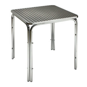 Kerti asztal, acél, 800 x 800 x 700 mm | TWIN 800, érdekes szálcsiszolt dekorral. Dupla lábak műanyag padlóvédővel.