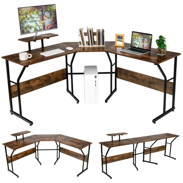 L-alakú számítógépes asztal, rugalmas, 225 x 48 x 91 cm | rusztikus barna, jelentősen kibővíti a munkafelületet és jól kihasználja a korlátozott helyet.