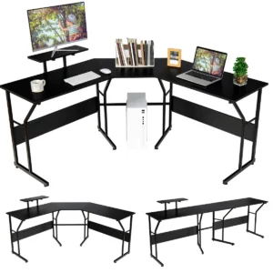 L-alakú számítógépes asztal, rugalmas, 225 x 48 x 91 cm | fekete, 3 nagy asztalrésszel jelentősen bővíti munkaterületét.