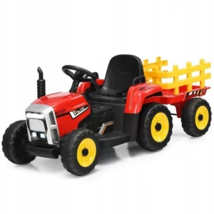 Elektromos traktor pótkocsival | piros, nem csak vezetés közbeni szórakozást hozhat, hanem apró tárgyak szállítását is, tornáztatja a gyermek bátorságát és koordinációját!