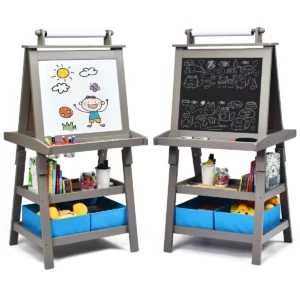 Gyermek kétoldalas tábla tartozékokkal 2 az 1-ben | szürke, fel van szerelve egy tekercs rajzpapírral, mágnesekkel, csészékkel a pigmentekhez, mágnestáblával.