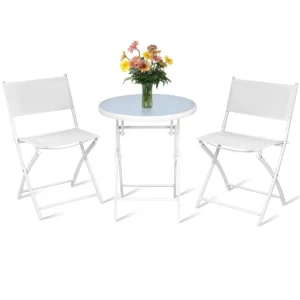 Ez az elegáns teraszbútor, összecsukható, fehér | 2 szék + asztal ötvözi a kényelmet és az eleganciát, amely minden otthonba illeszkedik.
