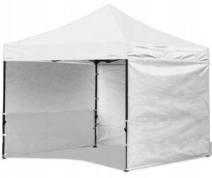 Összecsukható árusító sátor, 3 x 3m | fehér véd a túlzott napsütéstől és esőtől. 3 fala van, ennek köszönhetően nem fél az erős széltől.
