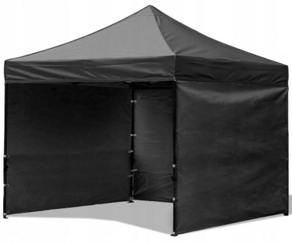 Összecsukható árusító sátor, 3 x 3m | a fekete megvéd a túlzott napsütéstől és esőtől. 3 fala van, ennek köszönhetően nem fél az erős széltől.