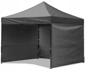 Összecsukható árusító sátor, 3 x 3m | a szürke megvéd a túlzott napsütéstől és esőtől. 3 fala van, ennek köszönhetően nem fél az erős széltől.