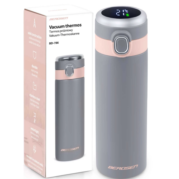 Vákuumos termosz, 450 ml, szürkés rózsaszín | A BD-786 a modern dizájnt és a fejlett technológiát ötvözi. A forró italok hőmérsékletüket akár 12 órán keresztül is megtartják.