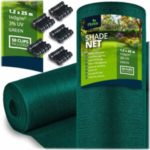 Árnyékoló háló + 50 db csipesz, 140g/m2, 1,2x25m, zöld | A Plonos megbízható védelmet nyújt a nap, a szél és a kíváncsi szemek ellen a kertben vagy az erkélyen.
