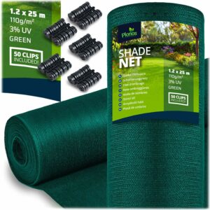 Árnyékoló háló + 50 db csipesz, 110g/m2, 1,2x25m, zöld | A Plonos megbízható védelmet nyújt a nap, a szél és a kíváncsi szemek ellen a kertben vagy az erkélyen.