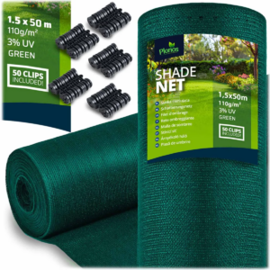 Az árnyékoló háló + 50 db kapocs, 110g/m2, 1,5x50m, zöld | A Plonos megbízható védelmet nyújt a nap, a szél és a kíváncsi szemek ellen a kertben vagy az erkélyen.