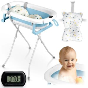 Összecsukható babafürdető kád állvánnyal RK-287, fehér-kék | A puha alátéttel és hőmérővel ellátott Ricokids kényelmes és biztonságos fürdetést biztosít.