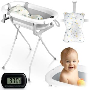 Összecsukható babafürdető kád állvánnyal RK-287, fehér-szürke | A puha alátéttel és hőmérővel ellátott Ricokids kényelmes és biztonságos fürdetést biztosít.