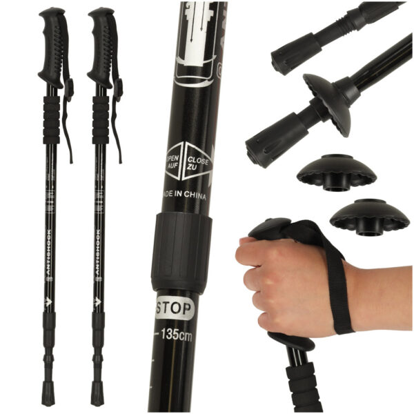 A túrabotok, 135 cm | fekete, alkalmasak nordic walkinghoz, de túrázáshoz is, tartást és kényelmet biztosítva a természetben való mozgás során.