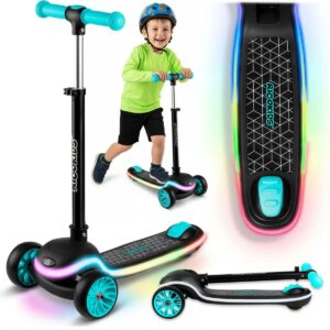 Háromkerekű roller, fekete-türkiz, LED | Ricokids Leddi